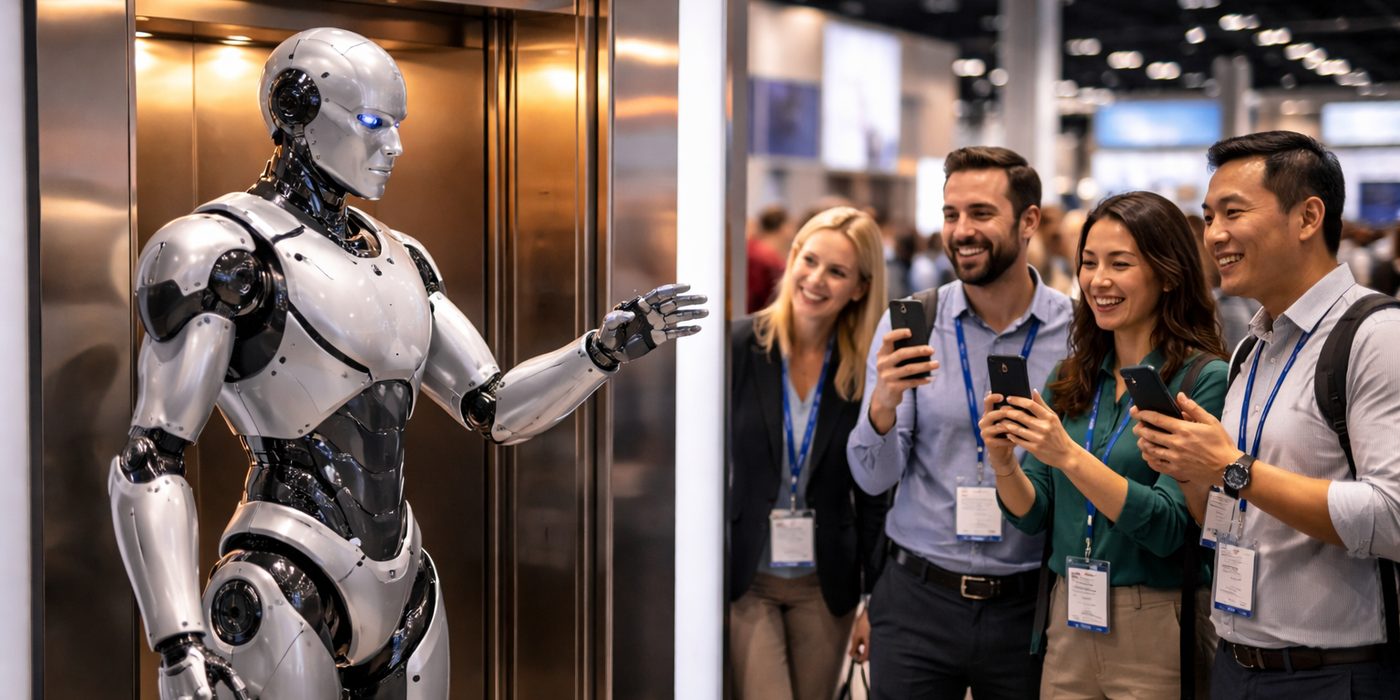 Metropolis Robotics SKYE Humanoid Works Adams Elevator Booth at NAEC 2026